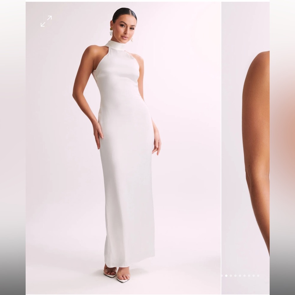 CLAIRE Satin Drape Back Maxi Dress - White S